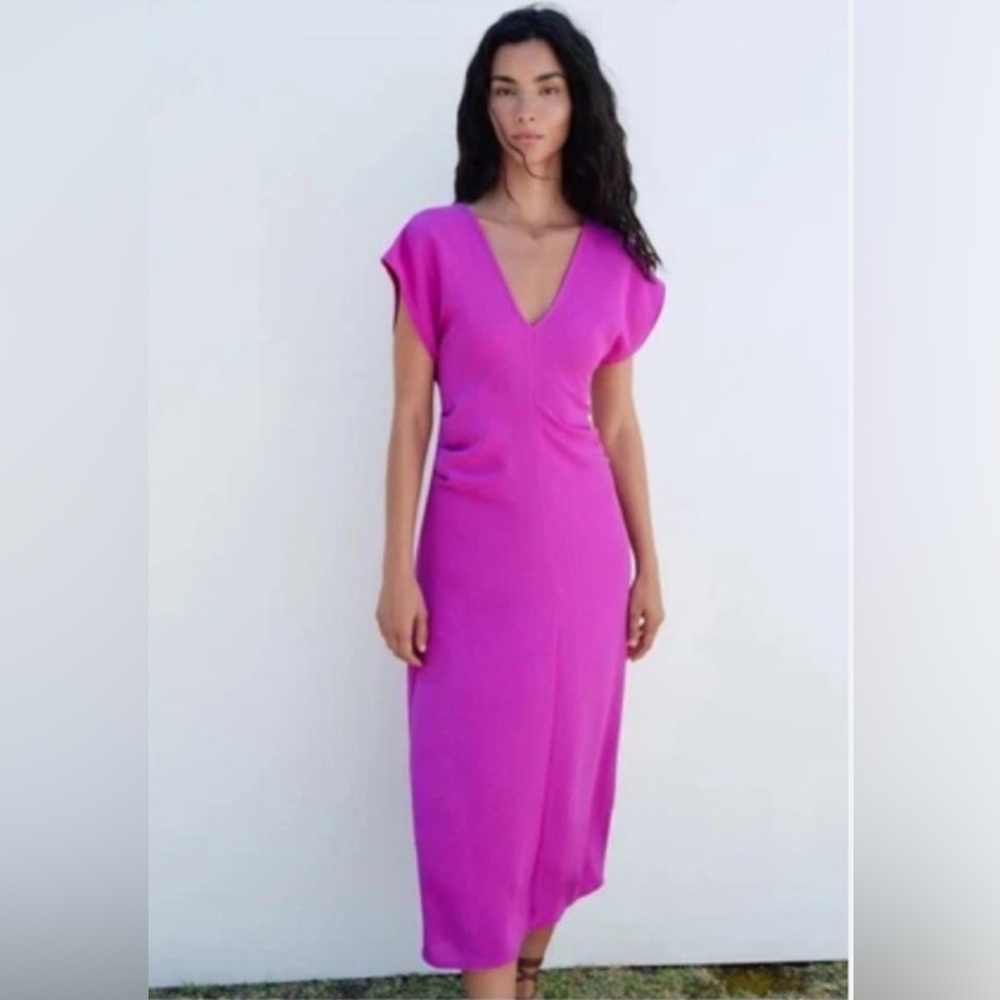 Zara Elegant Magenta V-Neck Cocktail Midi Dress
